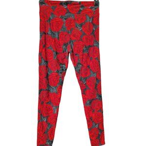 LuLaRoe One Size Leggings Red Rose Print with Black Spider Detail Buttery Soft O